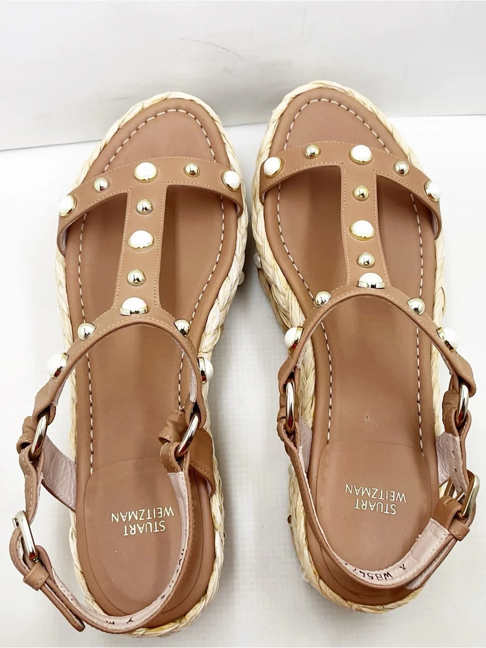 {Stuart Weitzman} Beraffia Pearl Studded Platform Sandals